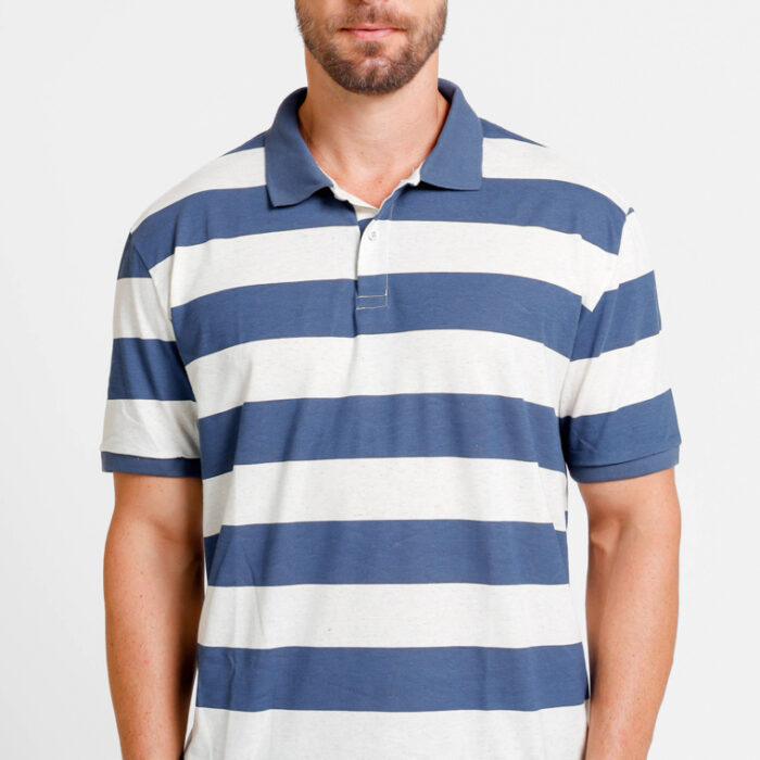 Camisa Polo Listrada Branco e Azul